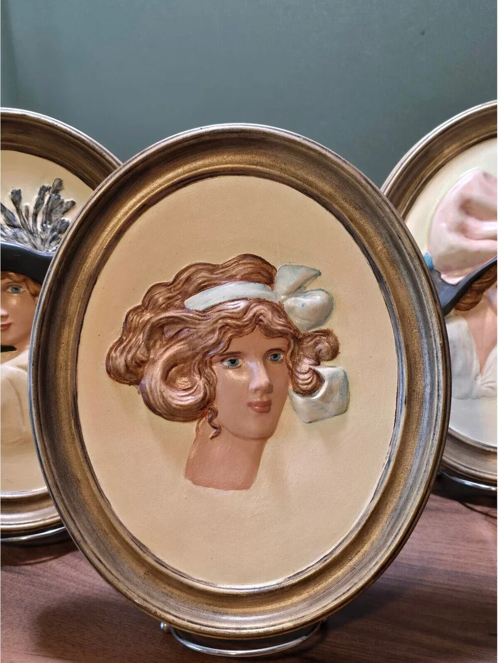 Set of 4 Vintage Duncan Ceramic Erma Gilliland Lady Cameo Oval Plaques